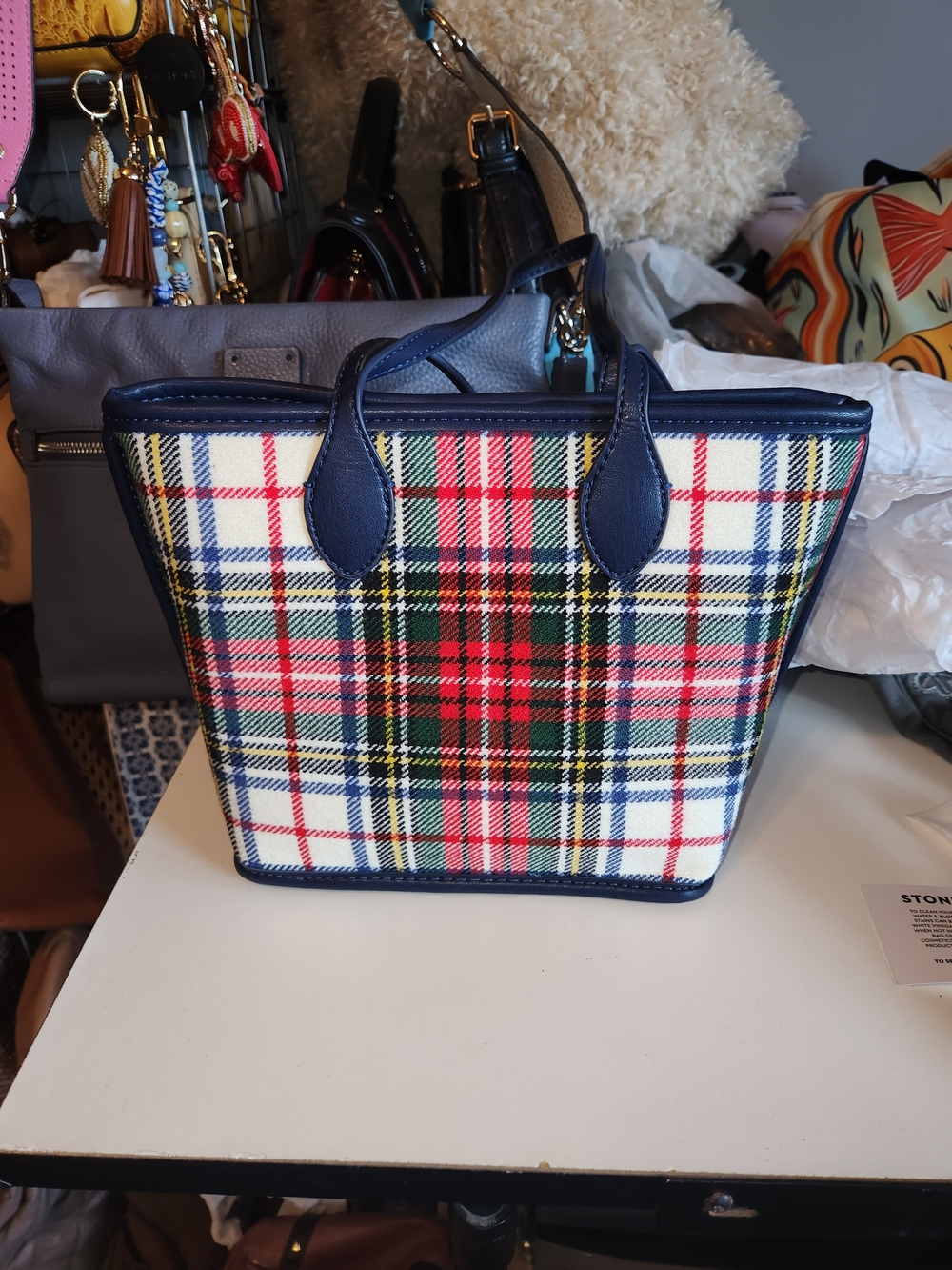 Stoney Clover Navy Plaid Tartan Tote with Heart Charm - Picture 2 of 5